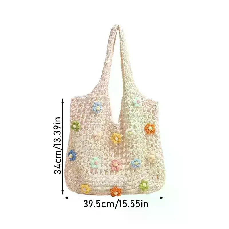 Women's Knitted Shoulder Bag Summer Flowers Handbag Ins Large Capacity Shopping Tote Bags Woven Hollow Mesh Beach Bags Qme