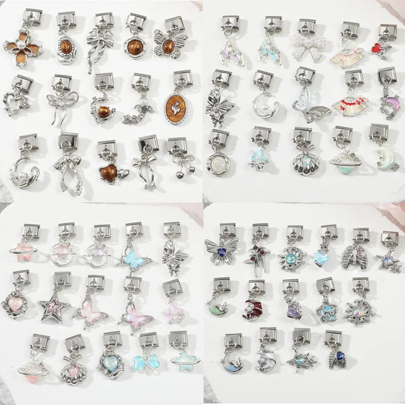 2026 New Original Colorful Zircon Crystal Pendant Italian Charm Link fit 9mm Stainless Steel Jewelry DIY Making Bracelets Qme