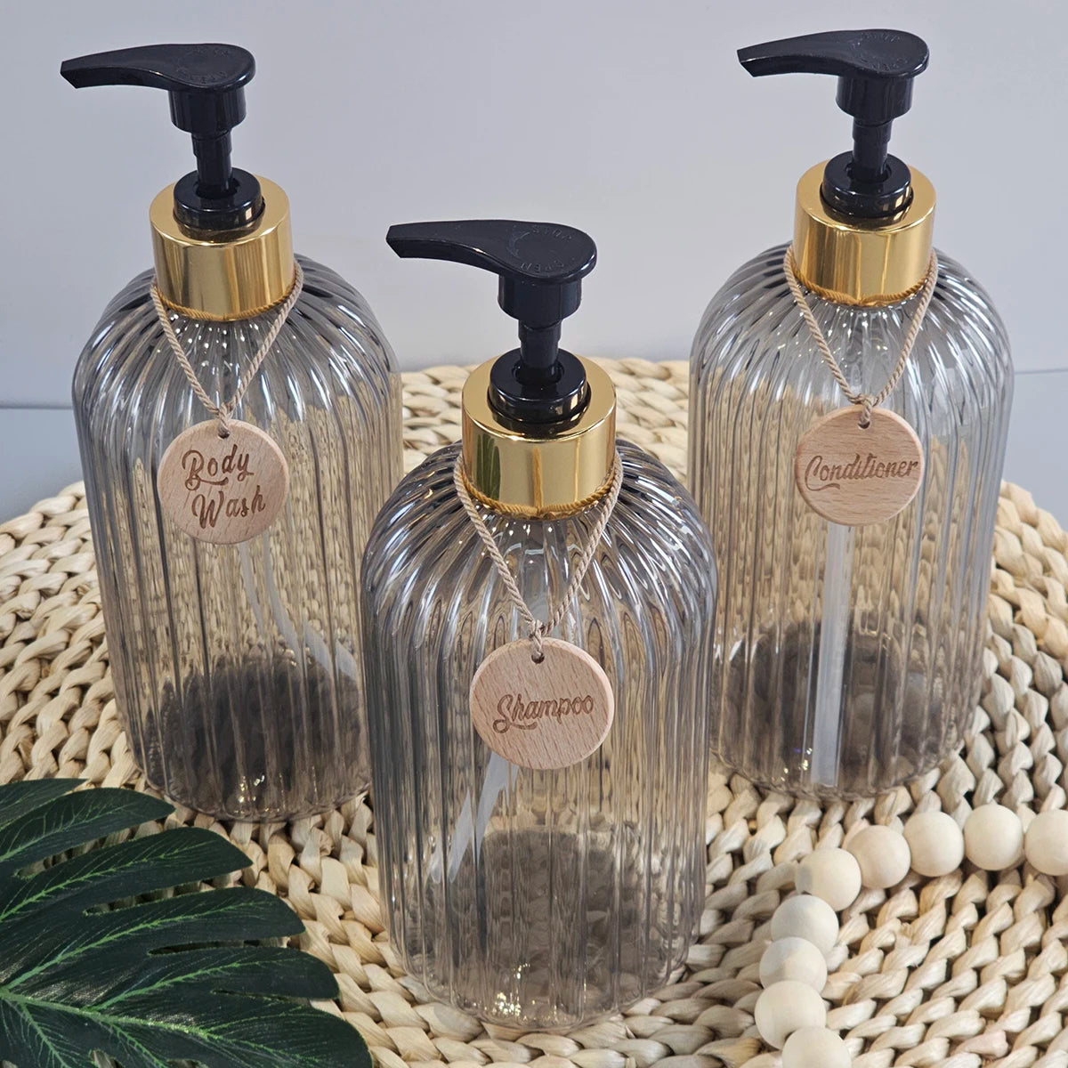 3PCS Elegant Shampoo Conditioner and Body Wash Dispenser Bottle with tags, Ideal for Bathroom Shower Plastic Refillable Bottle Qme