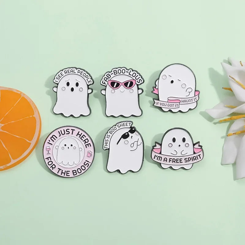 Cartoon Sunglasses Ghost Boo Enamel Pins I'm a Free Spirit This is Boo Sheet Brooches Lapel Badge Spooky Jewelry Gifts Wholesale Qme
