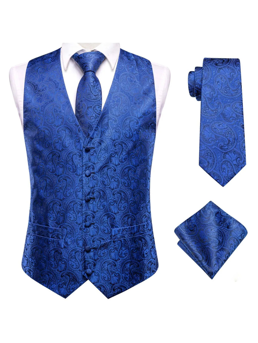 Blue Men Vest Three-Piece Suit Set, Dress Waistcoat with Tie and Pocket Square for Party Ceremony Qme