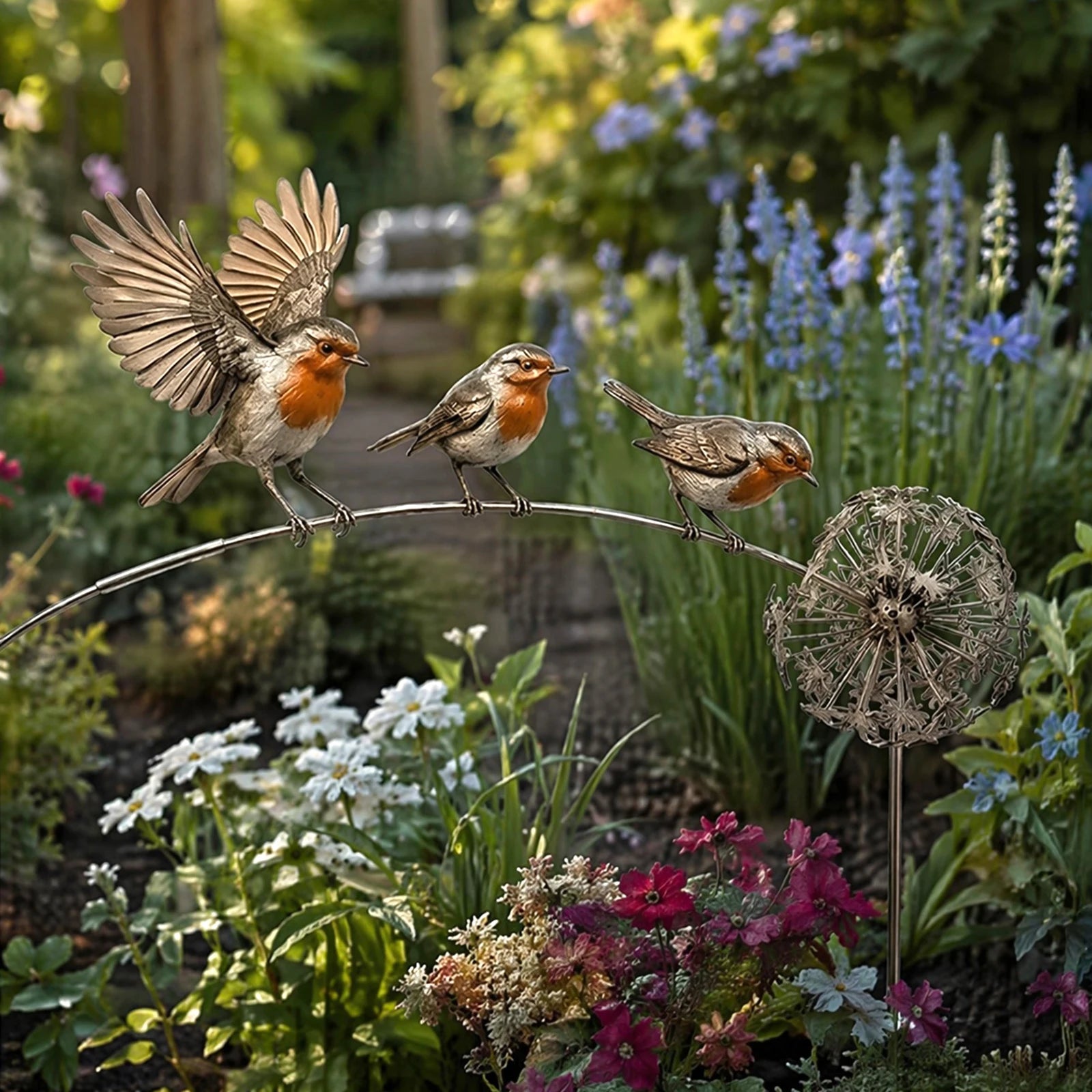 Robin Garden Stake with Dandelion Accent Outdoor Yard Art Stake Rustic Bird Yard Art Garden Ornament for Lawn Patio Backyard Qme
