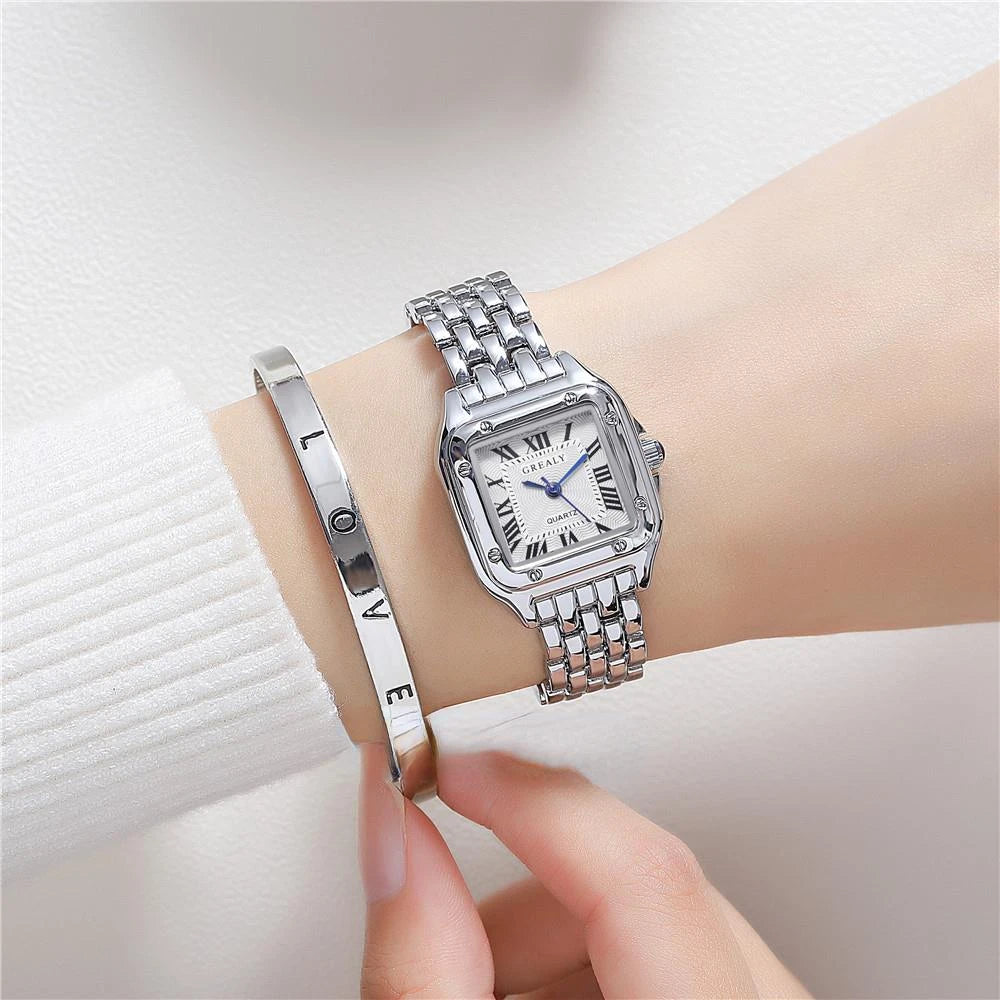 2023 Luxury Women's Fashion Square Watches Gold Alloy Strap Ladies Quartz Wristwatches Qualities Female Roman Scale Clock Qme