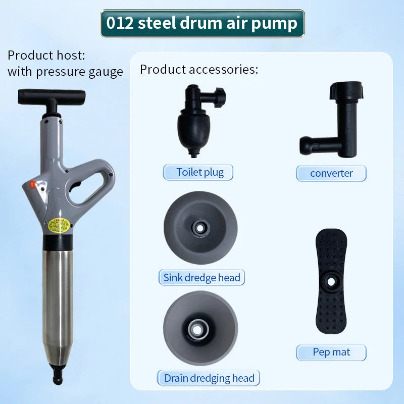 Stainless Steel Toilet Pipe Dredger Pneumatic Household High-pressure Dredging Tool Set Thickened Wall Cylinder Sturdy And Safe Qme
