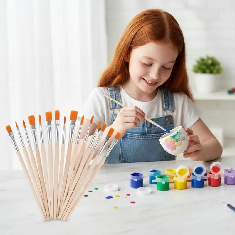 20 50 Wood Handle Painting Brushes Art Round Flat Hair Nylon Paint Qme