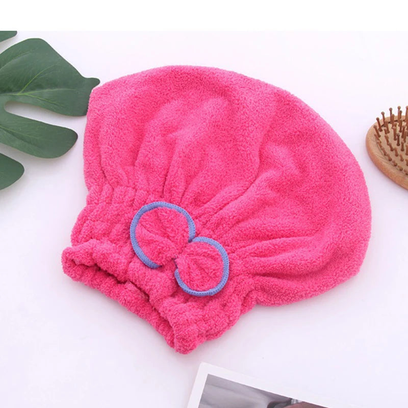 Microfibre Quick Hair Drying Bath Spa Bowknot Wrap Towel Hat Cap Qme Rose red