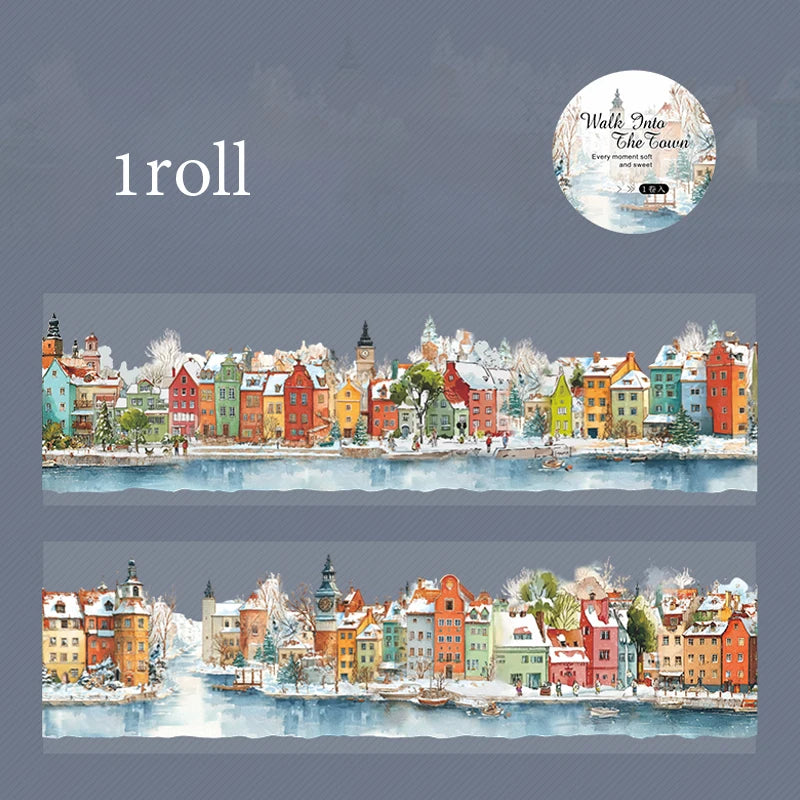 Watercolor Fairy Tale Town Washi Tape, Healing & Relaxing Creative Material, Ideal for Journal Scenery, Collage Qme E