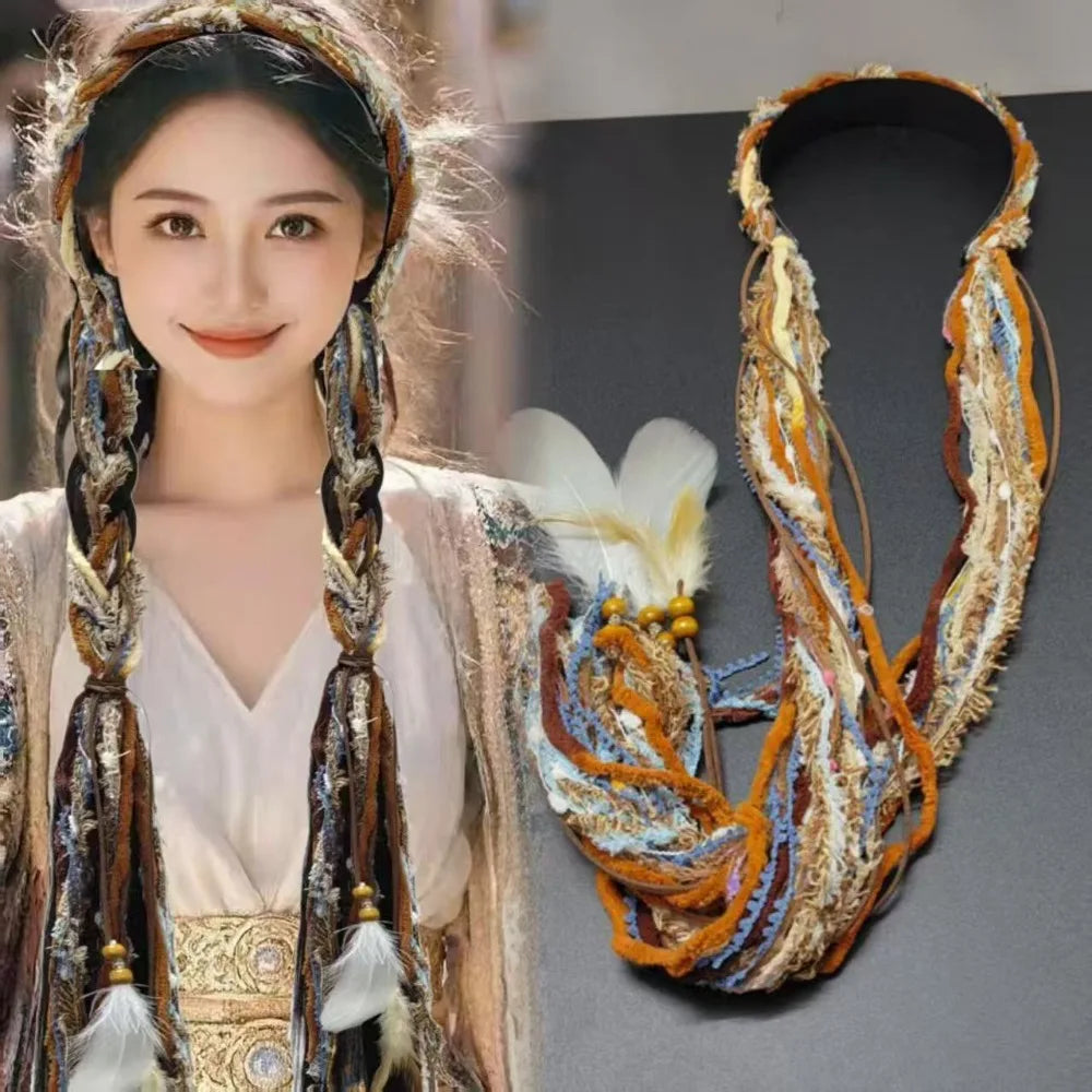 Boho Style Chinese Tibetan Hairband Colorful Ribbon Long Tassel Braid Hairband Candy Colored Weaving Ethnic Hair Hoop Qme Orange feathers