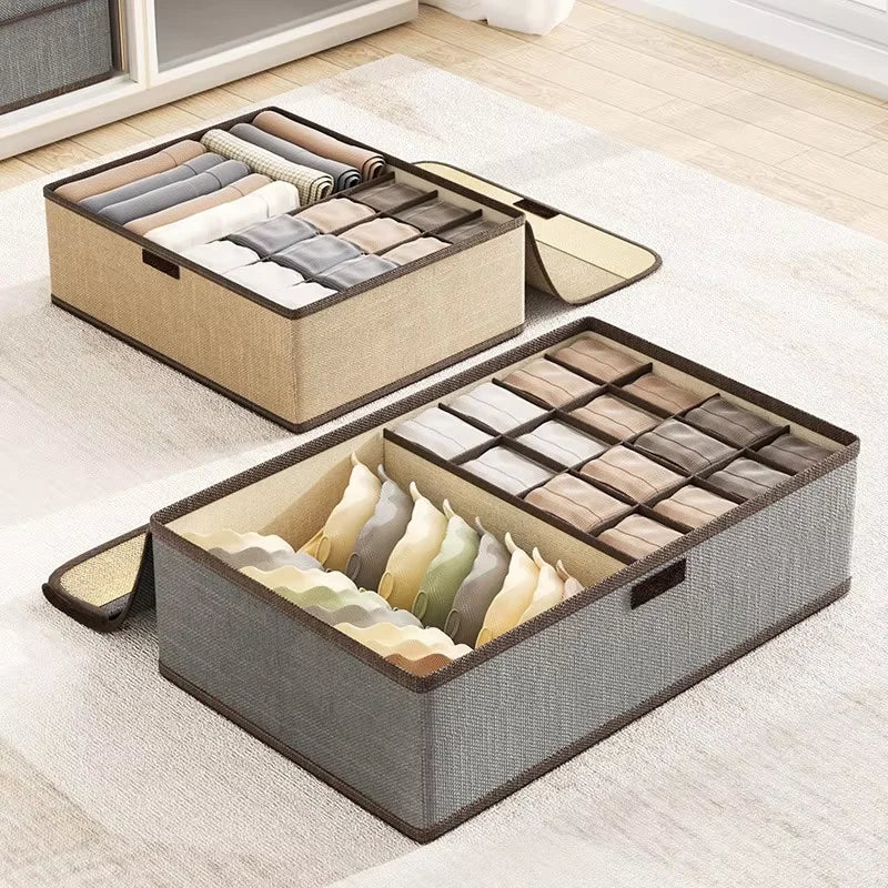 Underwear Storage Box Cotton And Linen Six-compartment Compartment With Lid Underwear Box With Compartments Drawer Style Qme