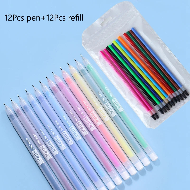 12-36 Pcs/Box Candy Color Gel Pen& Refill Set 0.5mm Kawaii for Multicolor Ballpoint Pen School Office Daily Writing Tools Qme Multi-Colored 24Pcs set