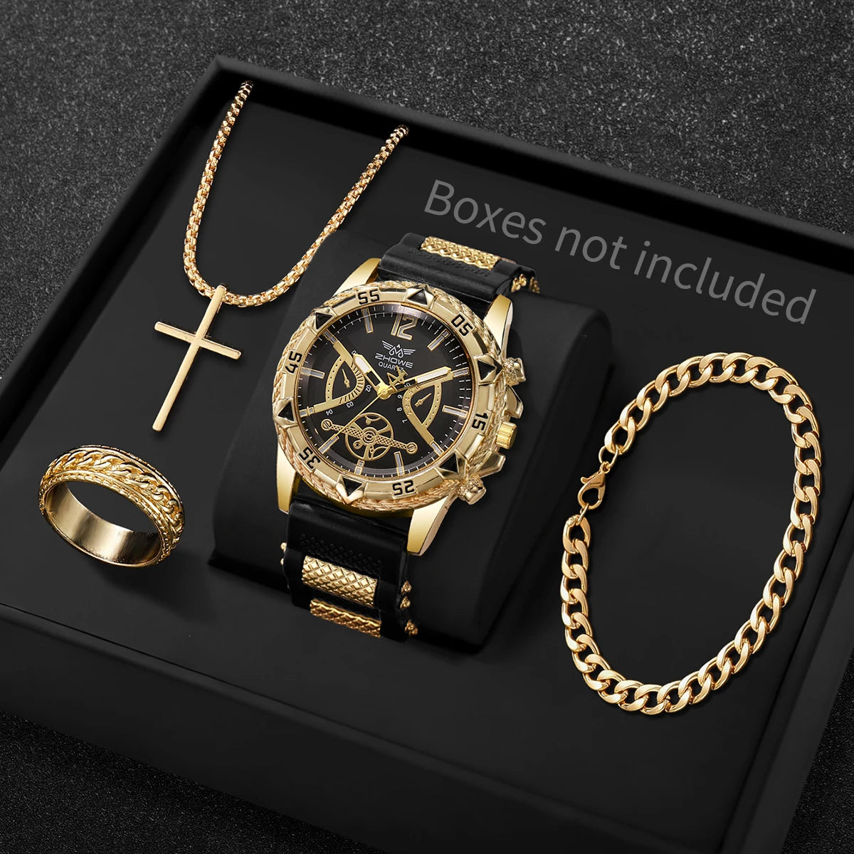 4Pcs Men Accessories Set Fashion Big Dial Quartz Watch Cross Necklace Bracelet Ring Hip Hop Men Daily Wear Gift Qme Black Gold No Box