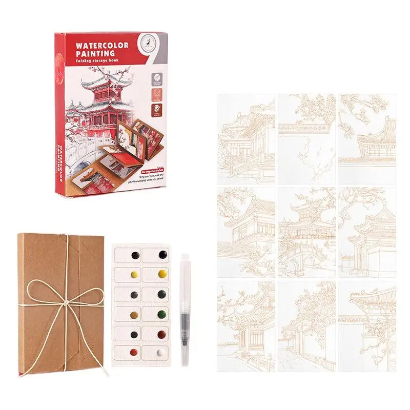 9 Sheets Watercolor Painting Thick Folding Storage Book Pen Holiday Qme Red