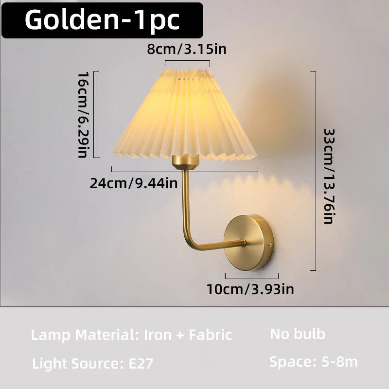 Nordic E27 Retro Wall Lamp Minimalist Pleated Umbrella Shaped Bedroom Bedside Lamp Living Room Hotel Aisle Home Decoration Light Qme Gold