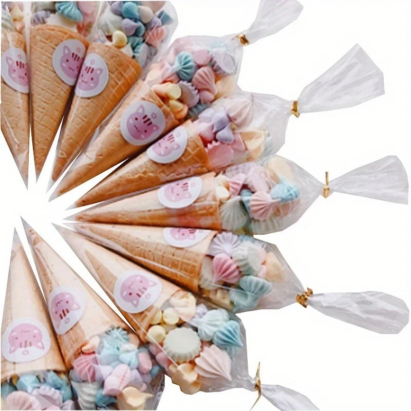 100pcs Golden Twist Ties Clear Treat Bags for DIY Snacks, Chocolates, Candy, Popcorn, Cookies - Perfect for Birthday Parties Qme