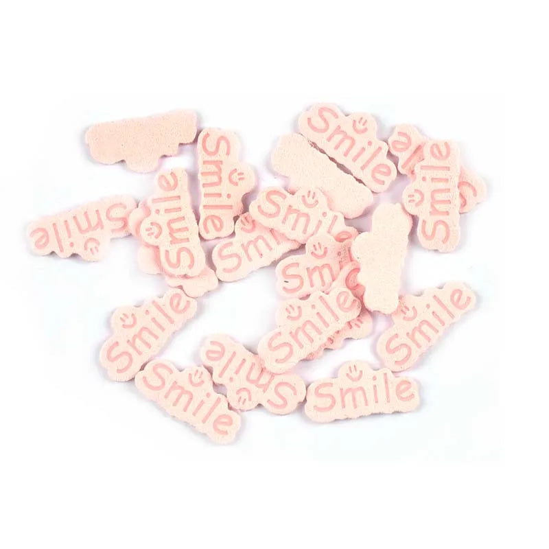 30pcs 14.5x29mm Smile Letter Embossed Leather Labels For Clothes Sewing Accessories DIY Bag Kid Garment Craft Handmade Tag C3707 Qme 1