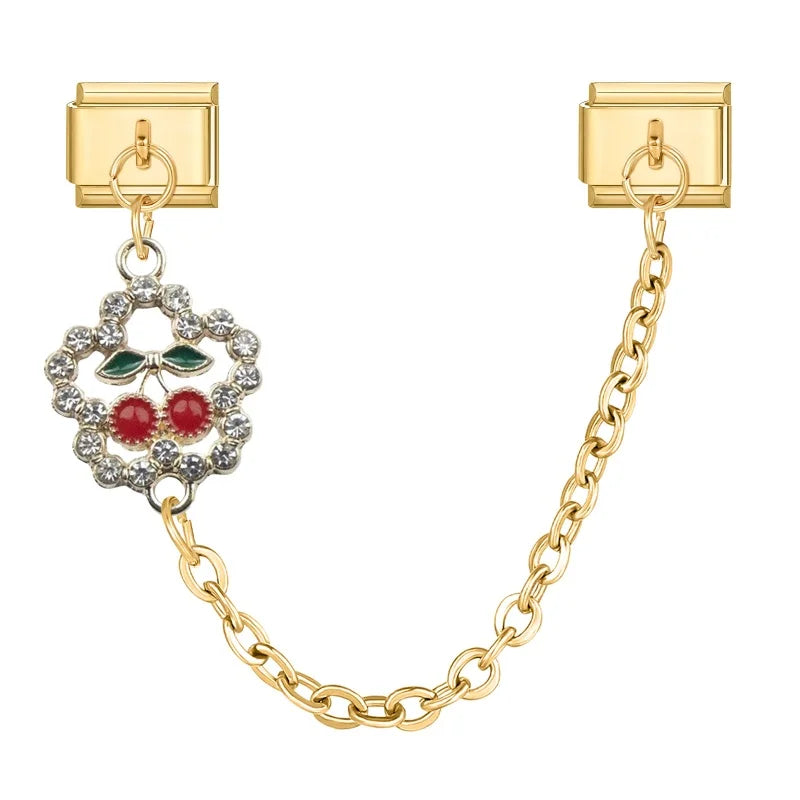 Shiny Zircon Red Apple Fruit Strawberry Cherry Chain Italian Charm Links Fit 9MM Bracelet Stainless Steel Women DIY Making Gifts Qme Style 4