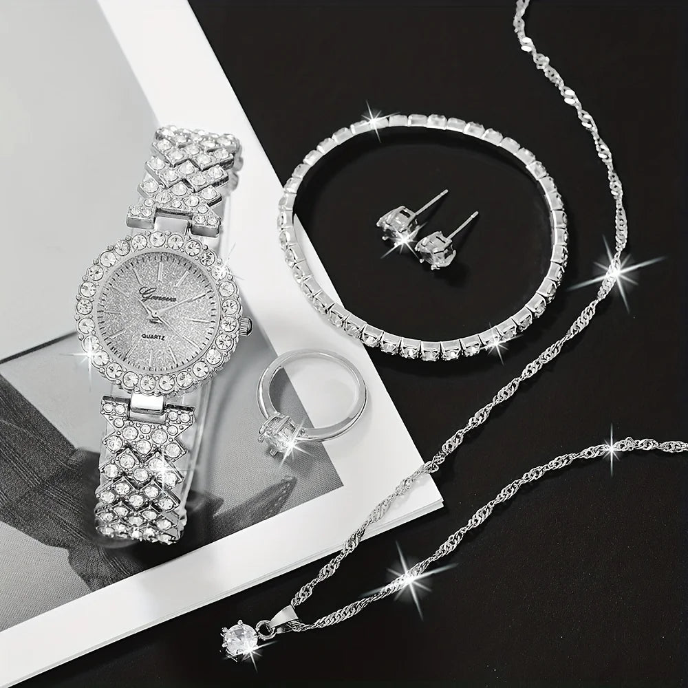 1pc Rhinestone Decor Quartz Watch Elegant Analog Wristwatch & 5pcs Jewelry Set, Festival Gift For Women Qme