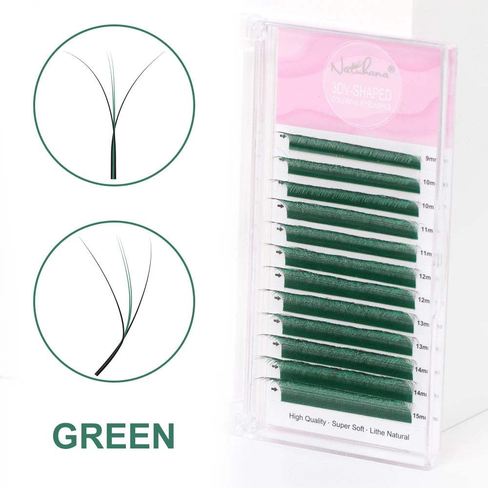 NATUHANA Colorful 3D W-shape Lashes Premade Volume Fan Lash Qme Green D 0.07mm|Mix9-15mm