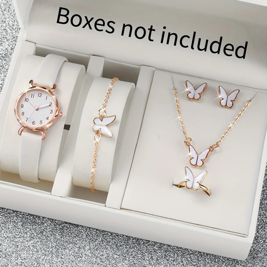 Simple bezel, white plate, quartz women's watch strap+white drip oil butterfly necklace, bracelet, earrings, ring, five pieces Qme 1