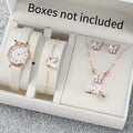 Simple bezel, white plate, quartz women's watch strap+white drip oil butterfly necklace, bracelet, earrings, ring, five pieces Qme 1