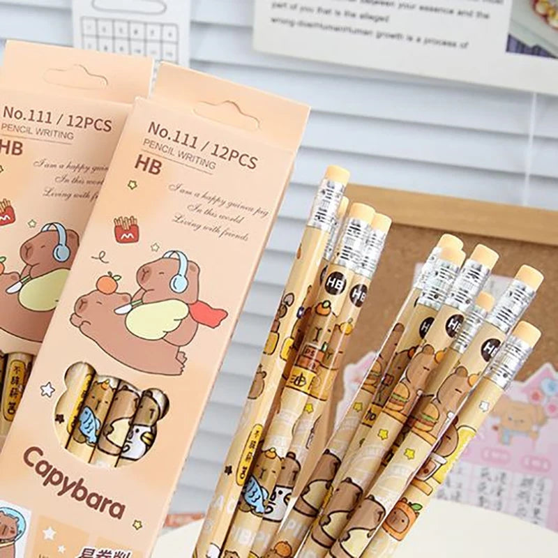 12-Pack Fun Capybara Cartoon Pencils Erasers Kawaii Stationery Office Qme