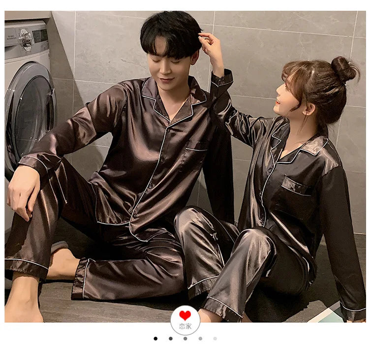 B Solid Color Sleepwear Silk Satin Pajamas Couple Set Long Sleeves Pyjamas Suit Pijama Women Men Loungewear Plus Size Pj Set Qme pajama set Coffee L