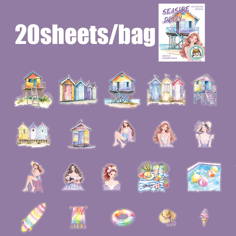 Vacation Girl & Scenery PET Sticker Pack, Journal Collage Decor, Toppa Decoration, Gift Wrapping & Multi-Purpose Stickers Qme B