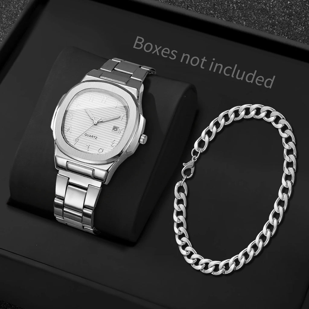 2-in-1 Casual Jewelry Set for Men, Silver White Dial Watch + Cuban Bracelet, Silver Tone Qme White Set No Box