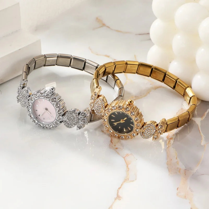 New2026 Vintage High Quality Oval Inlaid Zircon Stainless Steel Watch Bracelet Women's 9MM DIY Italian Charm Bangle Jewelry Gift Qme