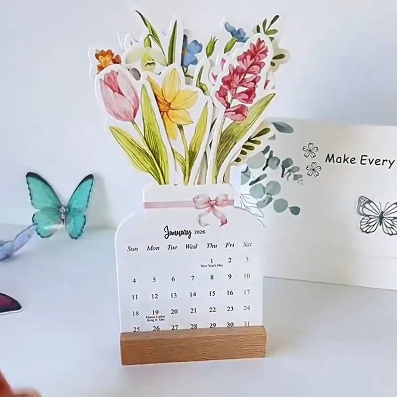 2026 Bloomy Flowers Mini Calendar Vase-like Desktop Monthly Planner Qme