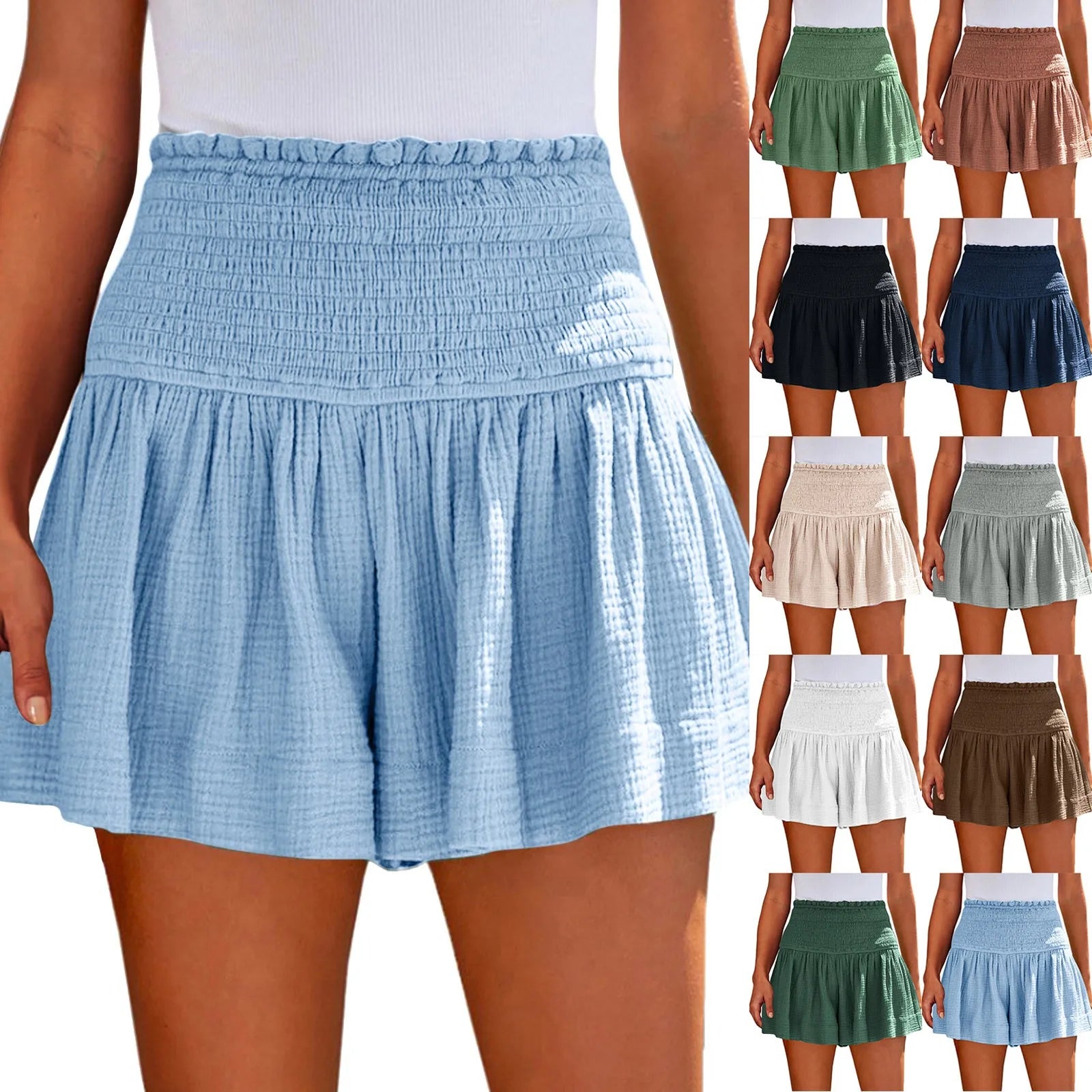 Ladies’ Large Sized High Waist Casual Soft Solid Color Breathable Fashion Wide Leg Shorts Summer Elastic Waist Pleated Trousers Qme
