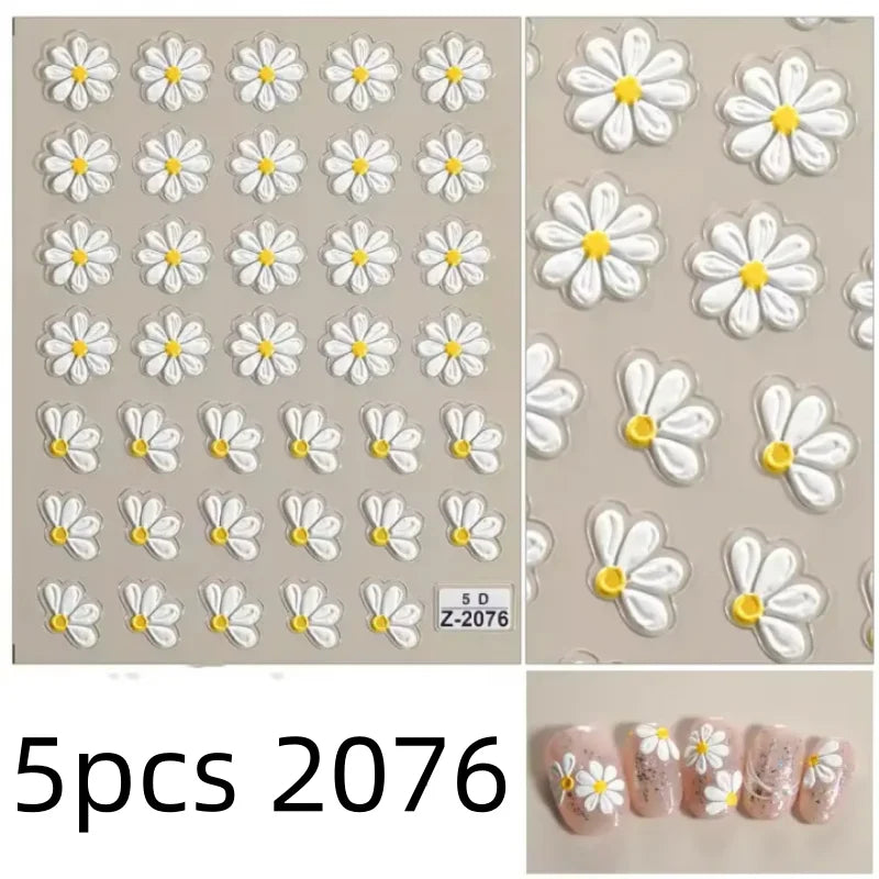 5D Flower Daisy Embossed Stickers Nail Sliders Decals Daisy White Florals Petals Flowers Back Glue Nail Sticker Decoration Qme 5pcs 2076