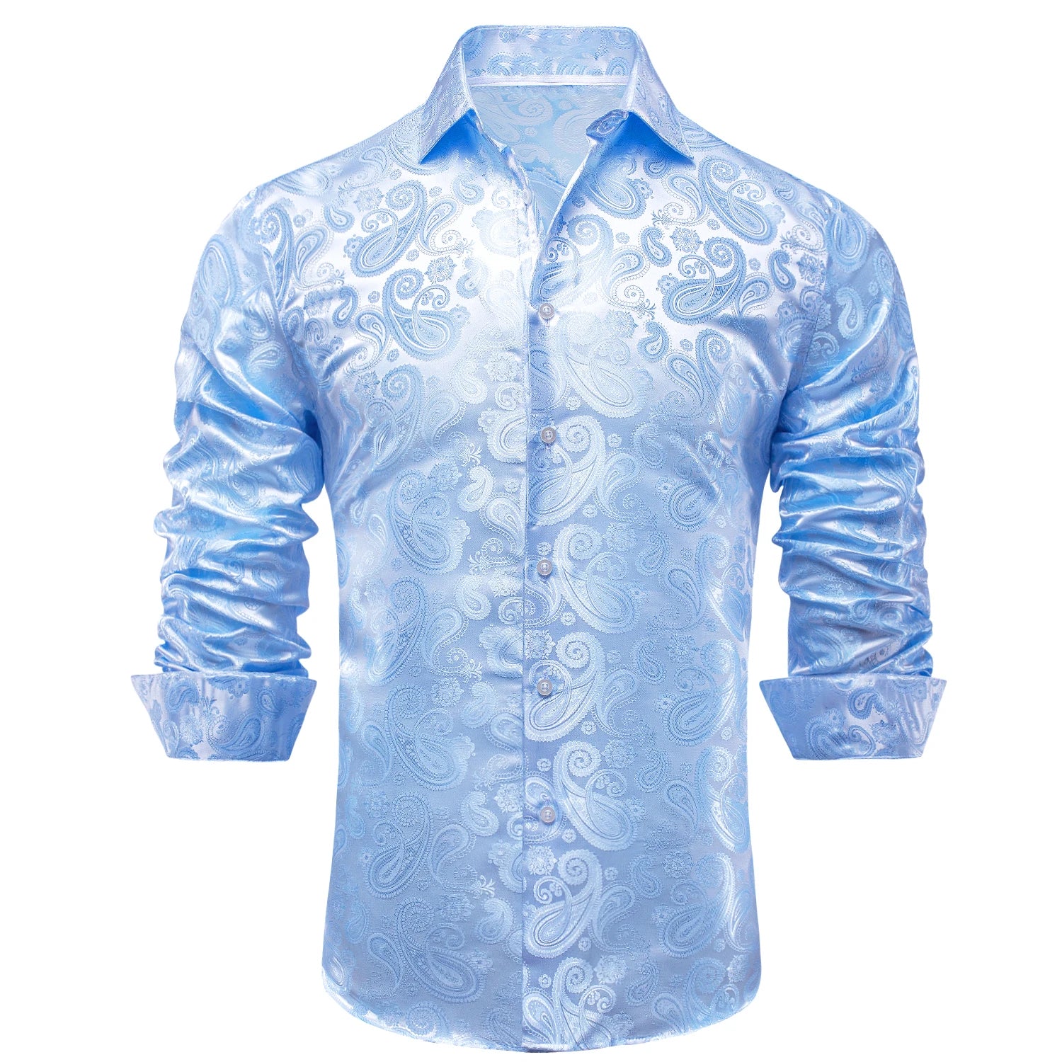 Hi-Tie Jacquard Paisley Light Blue Mens Shirt Long Sleeve Lapel Shirt Blouse Outerwear Wedding Office Breathable Quality Qme