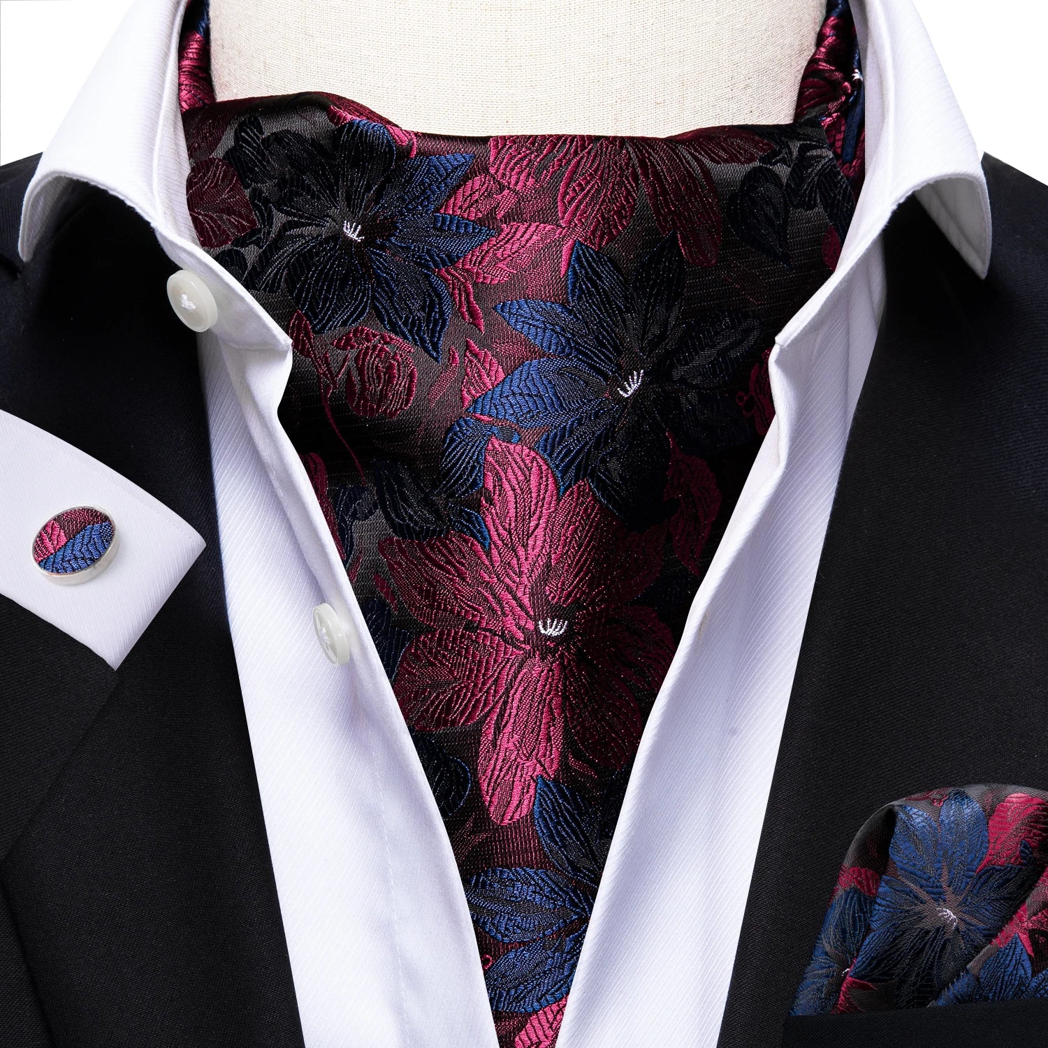 Mens Blue Floral Stripes Cravat Ascot Pocket Square Cufflinks Wedding Qme LDAS1055