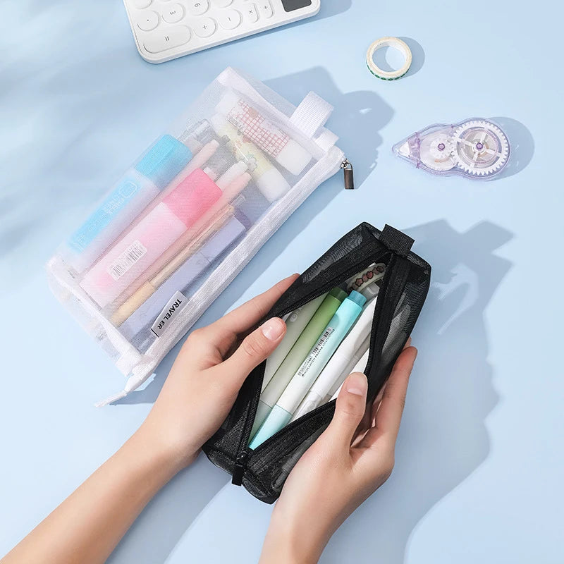 Mesh Pencil Case Transparent Kawaii Cute Simple Beautiful Bag Qme