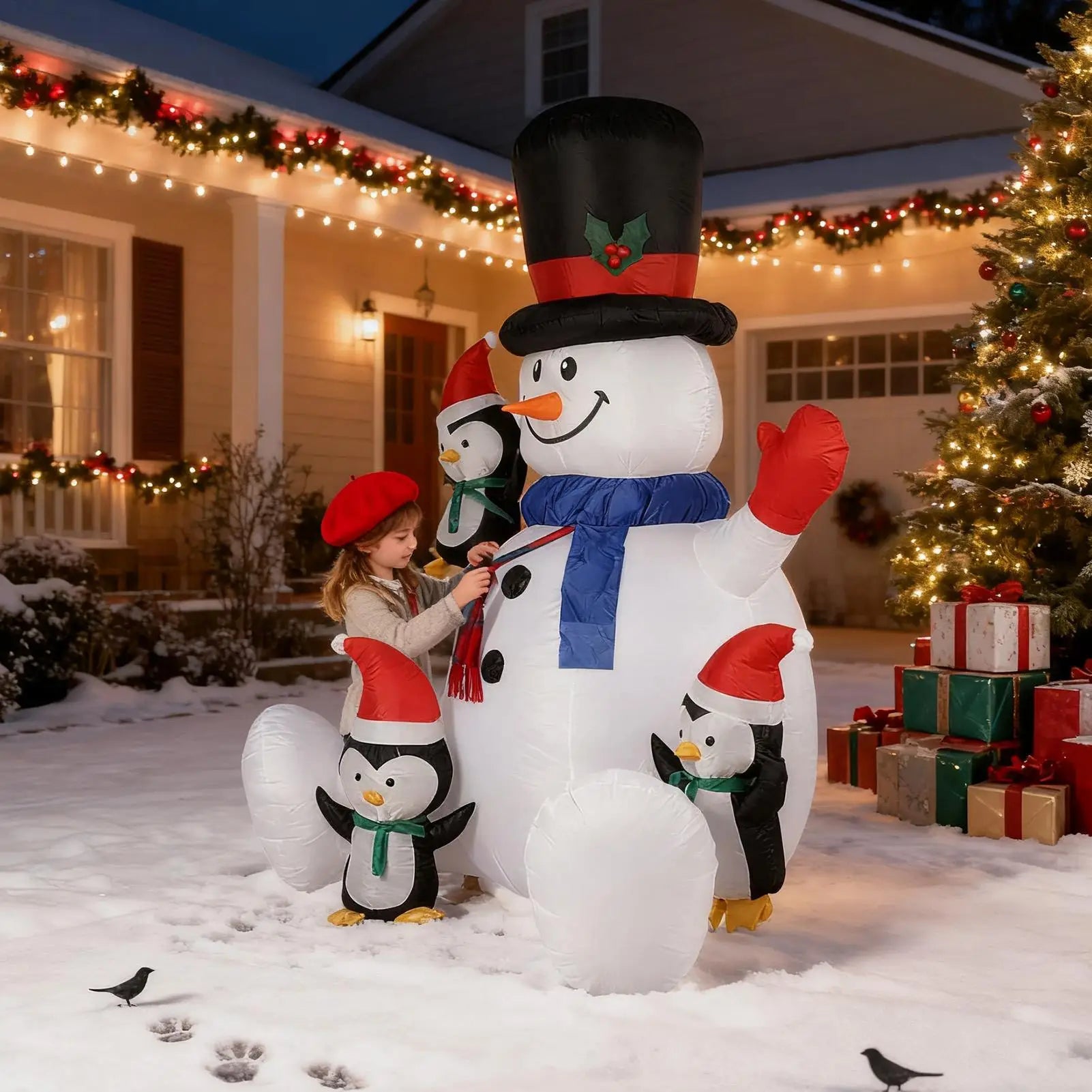 Christmas Snowman Blow Up Inflatable Festival RGB LED Lights Decor With 3 Penguins Blow Up Christmas Sitting Snowman For Indoor Qme