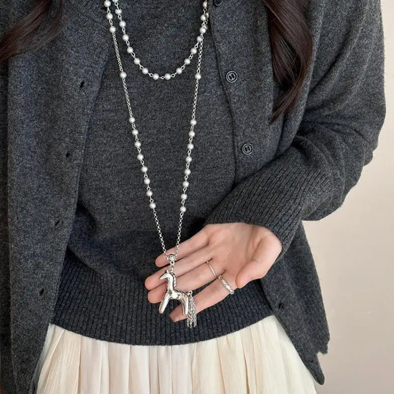 Fashion Korean Version Pearl Pony Pendant Necklace For Women Girls Vintage Exquisite Horse Necklace Jewelry Accessories Gifts Qme A2
