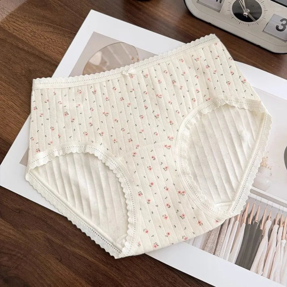 Cute Mid-waist Underwear Women Bear Grid Sweet Floral Panties Qme Pink 1XL 1pc
