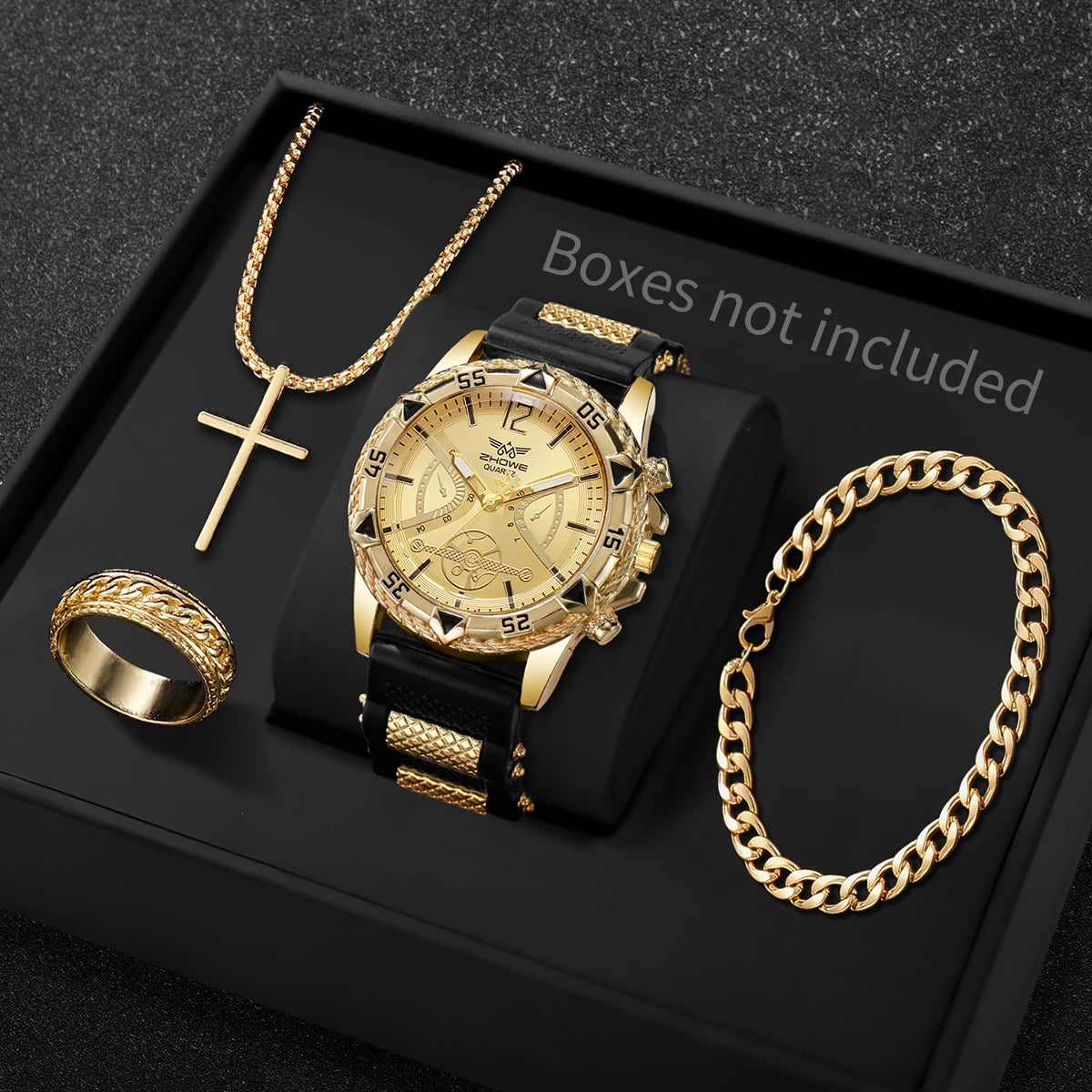 4Pcs Men Accessories Set Fashion Big Dial Quartz Watch Cross Necklace Bracelet Ring Hip Hop Men Daily Wear Gift Qme Gold No Box