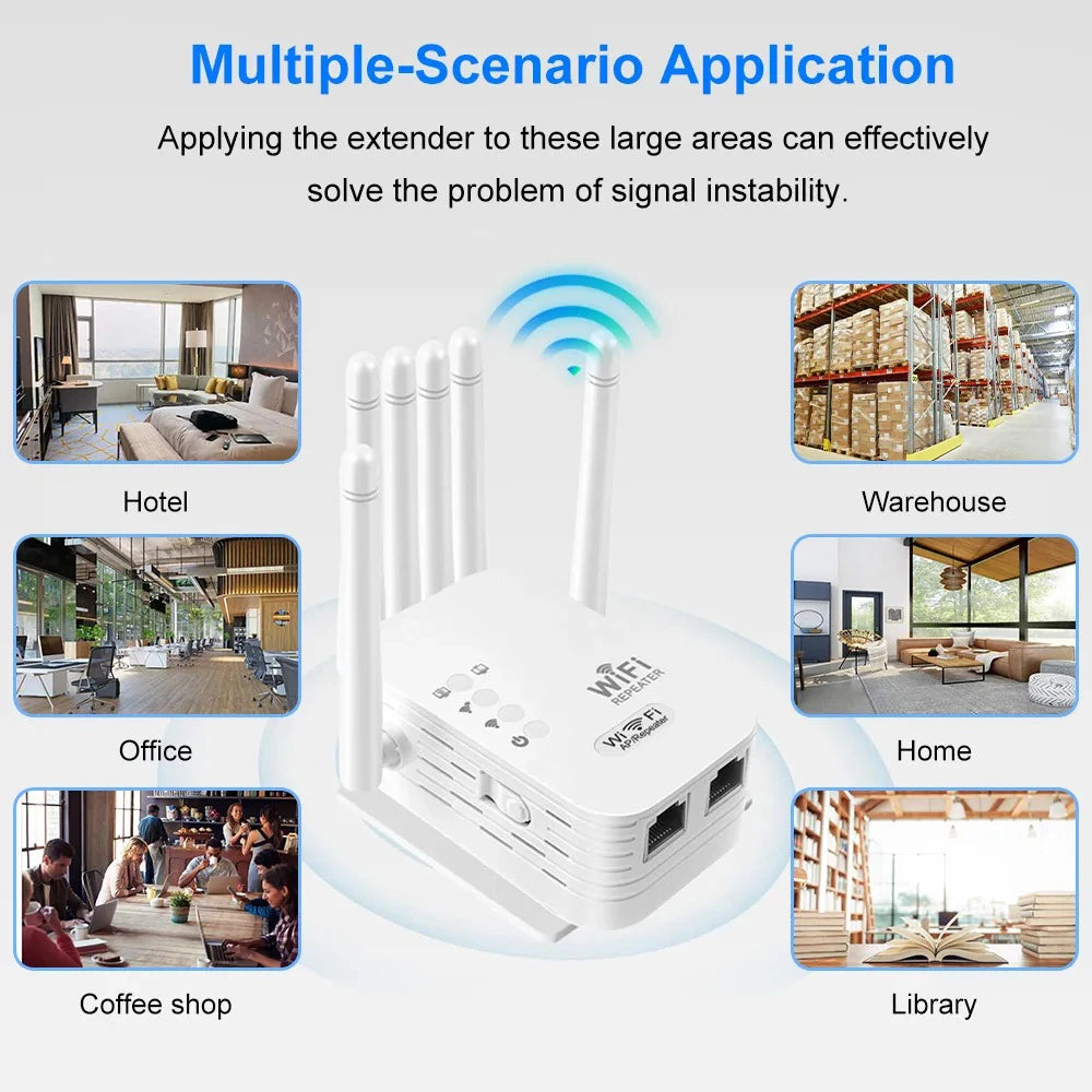 Dual Band Wireless WiFi Signal Extender 300/1200Mbps 2.4G/5G Wireless Repeater with 6 Antennas EU/US Plug Home Network Booster Qme