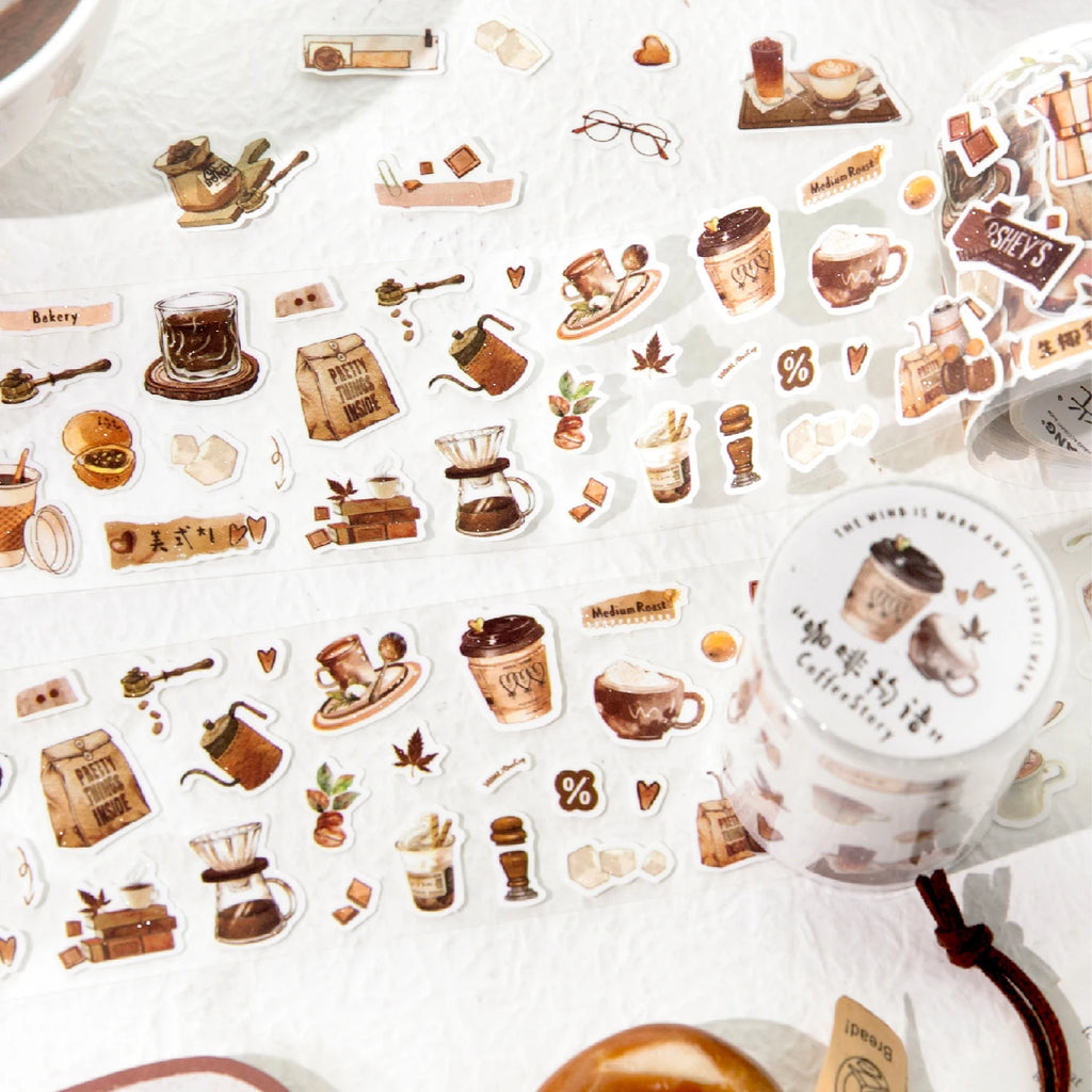 1 Roll Cute Cartoon Food Camping Glitter Die-Cut Tape for DIY Scrapbook Frame Collage Laptop Phone Mug Luggage Guitar Decoration Qme