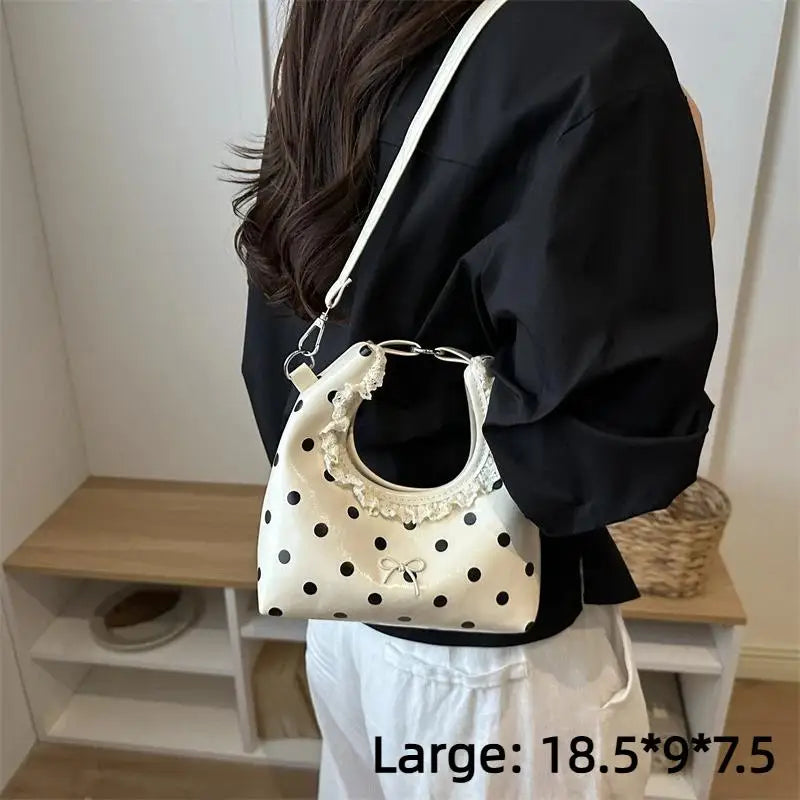 Light Polka Dot PU Leather Bag With Lace Ruffled Handle Cute Bow For Daily Shopping Dating Outings Qme A1