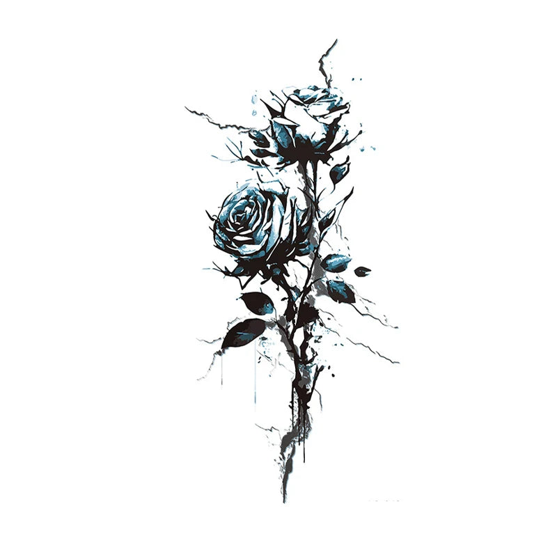 Blue Enchantress Rose Sexy Leg Realistic Tattoo Stickers, Colorful, Waterproof, Sweatproof, Disposable Temporary Stickers Qme