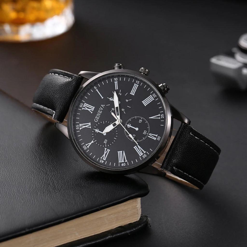 2pcs Fashionable Men's Business Watch Popular Men's Belt Quartz Watch (without Box) Qme