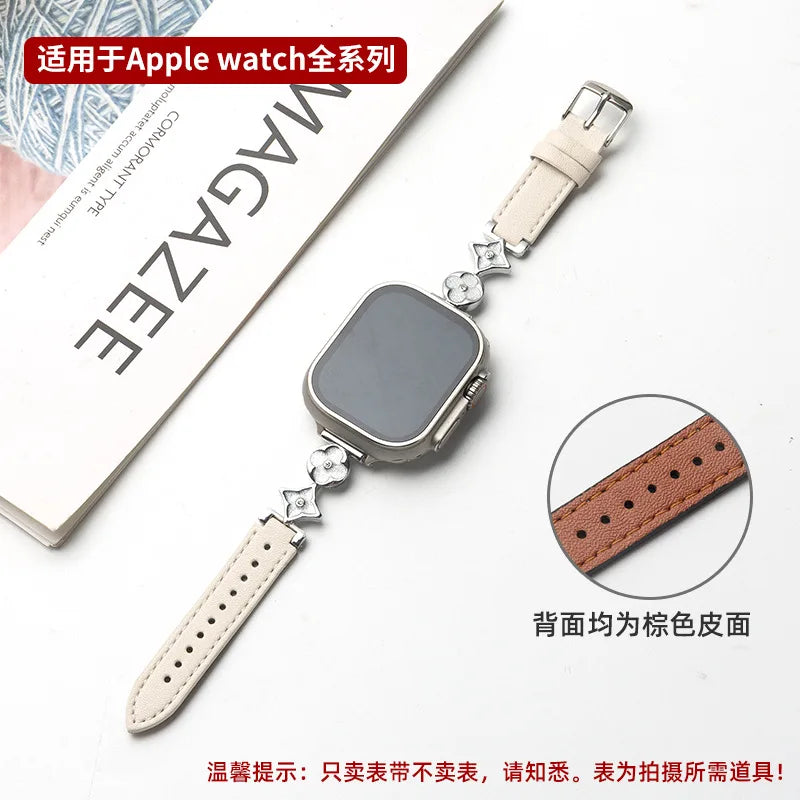 Applicable to iWatch10 strap Apple S9 watch AppleWatch metal four-leaf clover S8 leather S7S6 women's model Qme Silver with white Ap-3841S10-42mm
