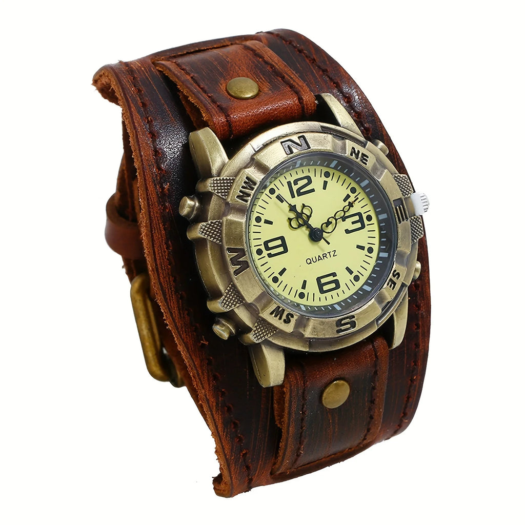 【 Halloween 】 1pcs Simulated Quartz Steampunk Halloween Genuine Leather Watch for Men, Dark Brown Qme Brown