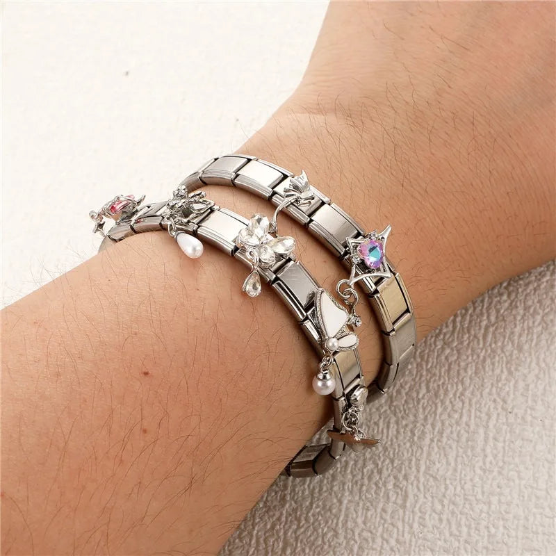 Shiny Colorful Zircon Butterfly Heart Planet Italian Charm Links Fit 9mm Stainless Steel Bracelet Women Jewelry DIY Making Gifts Qme