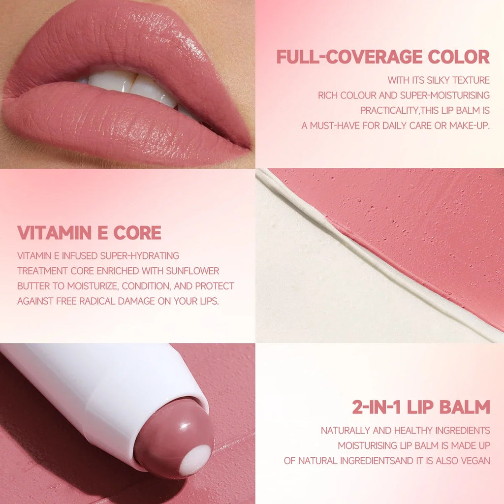 2-in-1 Nude Lipstick Matte Red Lip Balm Moisturizing 6 Colors Qme