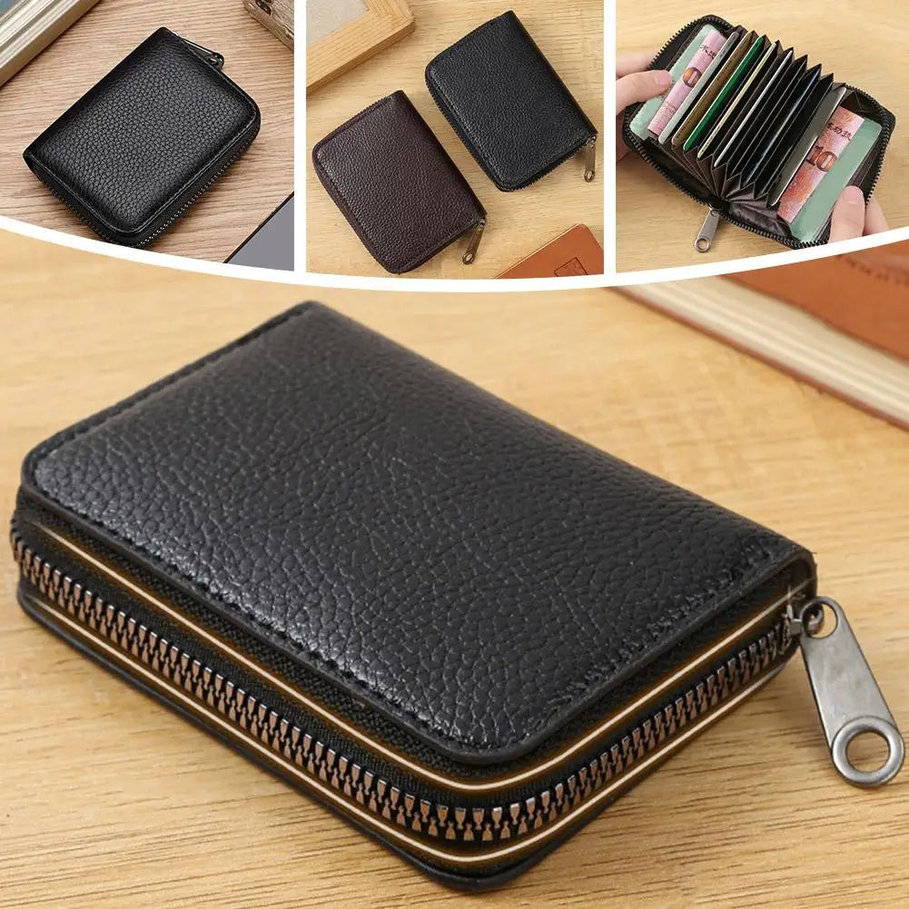Multi Slot Card Holder Vintage Small Wallet Women Men Business Bank Credit Card Bag Male Coin Pouch Solid Leather Zipper Wallet Qme