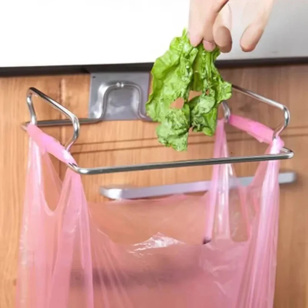 Multi-purpose Cabinet Door Trash Bag Rack Stainless Steel Trash Bag Hanger Storage Rack Kitchen Trash Bag Rack Without a hook Qme